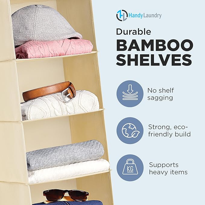 Handy Laundry Hanging Closet Organizer - 6 Shelf Storage for Clothes, Sweaters, Shoes & Accessories - Space-Saving Wardrobe Shelves with Hooks for Dorm, RV & Small Closet Organization (Beige)