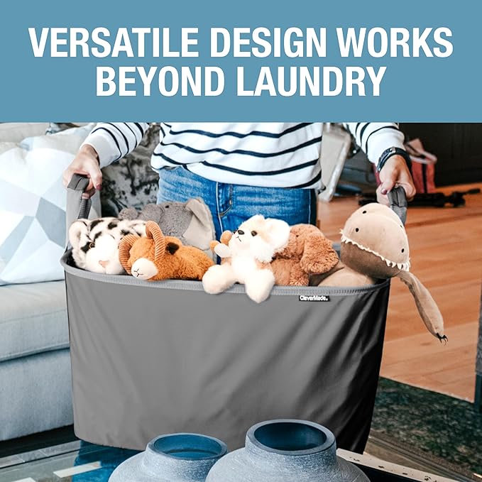 CleverMade Collapsible Laundry Basket LUXE 2 Pack – 60 L (16 Gal) Foldable Cotton Blend Clothes Hamper with Vegan Leather Accents, Reinforced Handles, Space Saving Laundry Bin Holds 55 lbs - Cream