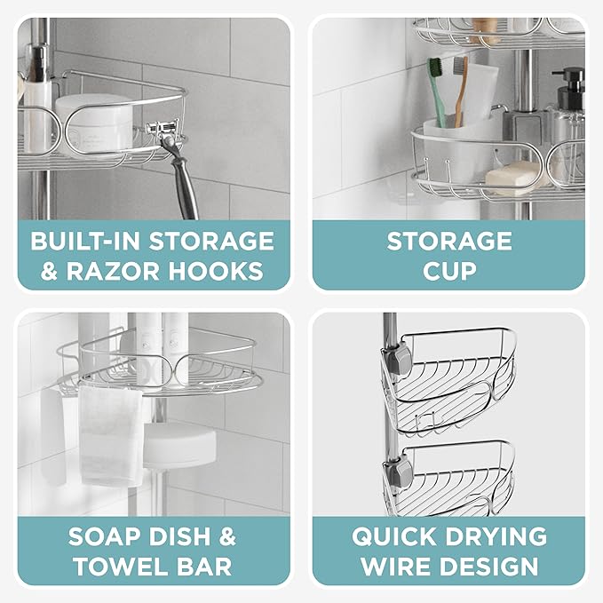 Zenna Home Tension Pole Shower Caddy Corner Organizer, Adjustable Standing Shower Caddy with 4 Shelves, Rustproof Bathroom Tension Rod Organizer, 60 to 108 Inch, Stainless Steel