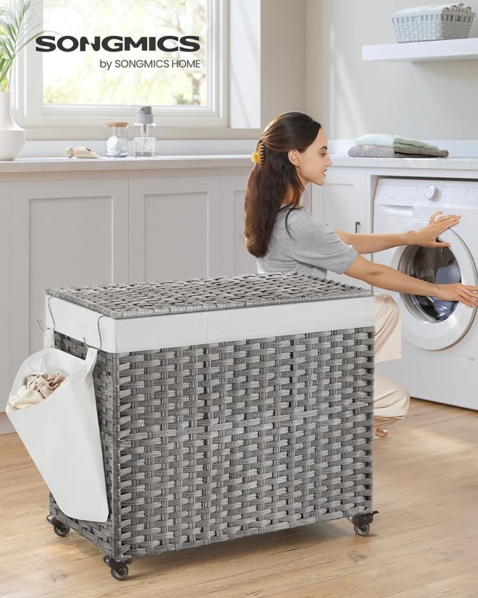 SONGMICS Laundry Hamper with Lid, 42.3 Gallons (160 L), Rolling Laundry Basket with Wheels, 3-Section Synthetic Rattan, Removable Liner, Bedroom, 29.9 x 13 x 26 Inches, Gray ULCB365G01