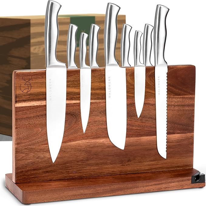 WALDWERK Knife Magnetic Strip (15,7 x 2 in) Mount with Adhesive or Screws - Magnetic Knife Holder for Wall - Magnetic Knife Strip made of Elegant Acacia Wood - Magnetic Knife Holder for Heavy Knifes