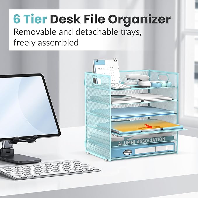 Daltack 6 Tier Paper Organizer for Desk, Paper Letter Tray Organizer for Desks, Mesh Desk File Organizers with Handle for Office, Home, School, Blue, 2 Pack