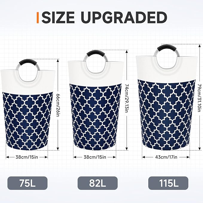 Large Laundry Basket Laundry Hamper Bag Washing Bin Clothes Bag Collapsible Tall With Handles Waterproof Travel Bathroom College Essentials Storage For College Dorm, Family (Blue)75L