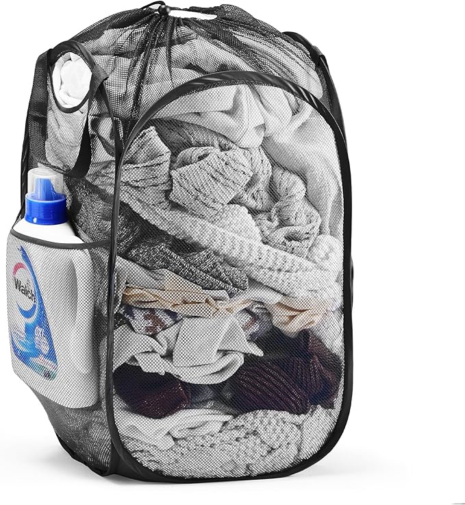 TECHMILLY Collapsible Mesh Pop Up Laundry Hamper with Sturdy Handles and Side Pocket - Portable Foldable Clothes Baskets for Dorm, Bathroom & Travel Storage (with Drawstring, Black)