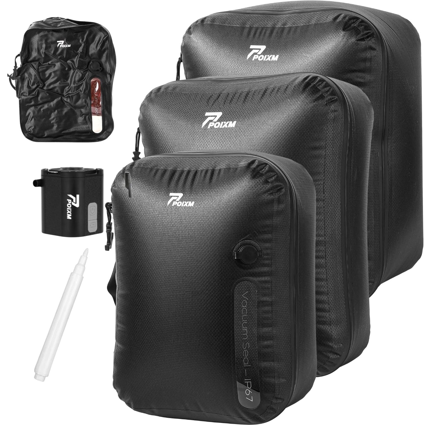POIXM Vacuum Bags for Travel with Wireless Pump, 180° Open Zipper, IP67 Waterproof, Reusable Space Saver Compression Bags for Backpack, Suitcase, Home Storage(3 Pack + Pump)