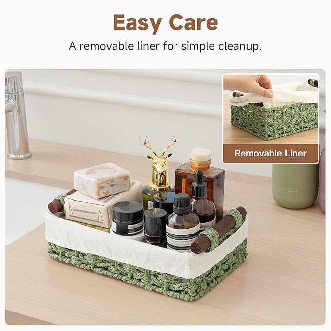 StorageWorks Small Baskets for Organizing with Handles and Liner, Wicker Toilet Paper Basket for Back of Toilet, Green Paper Rope Bathroom Basket Organizer and Storage for Sage Green Decor, 2 Pack