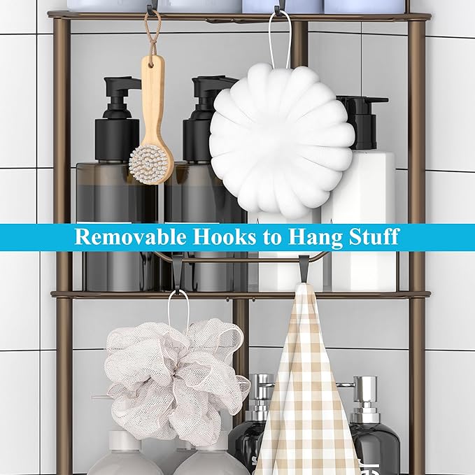3 Tier Floor Standing Corner Shower Caddy Organizer Shelf with Hooks, Bathroom Shelves Stand Rack, Bronze