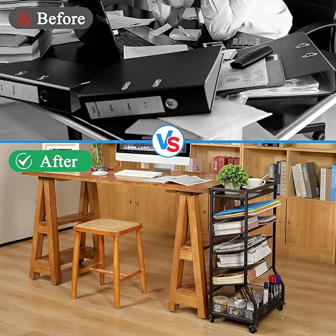 7 Tier Rolling File Cart with Sliding Trays, Wood Metal File Organizer Beside Desk, Free-Standing File Holder, Paper Letter Tray Organizer Mesh Desk Organizer for Home Office School (Patent)