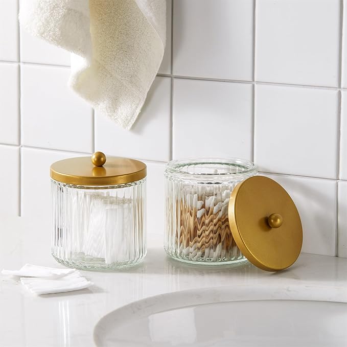 KMwares Matte Gold Set of 2 Glass Qtip Holder Dispenser Set for Cotton Ball, Swab, Round Pads, Floss Picks - Bathroom Canister Storage Organization and Vanity Makeup Organizer