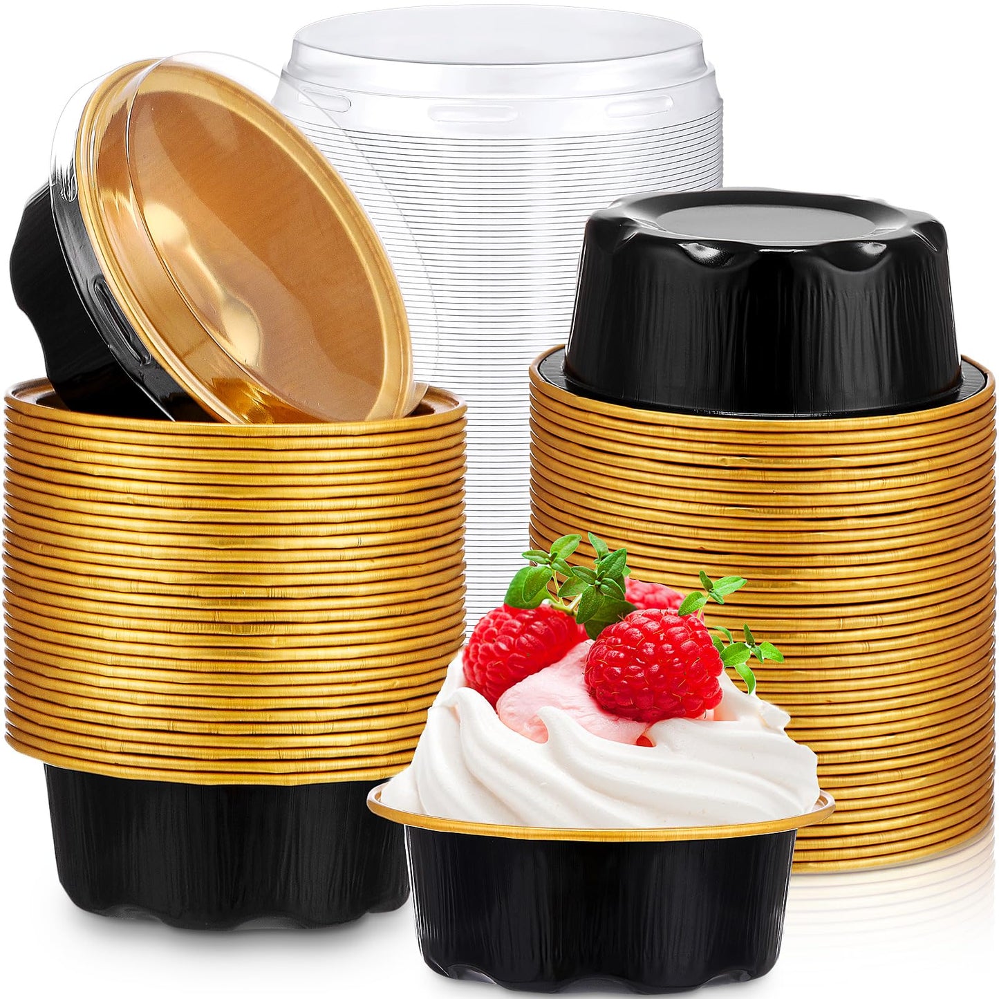 Eaasty 150 Pcs Baking Cups with Lids, 1.6 oz Cupcake Liners, Gold
