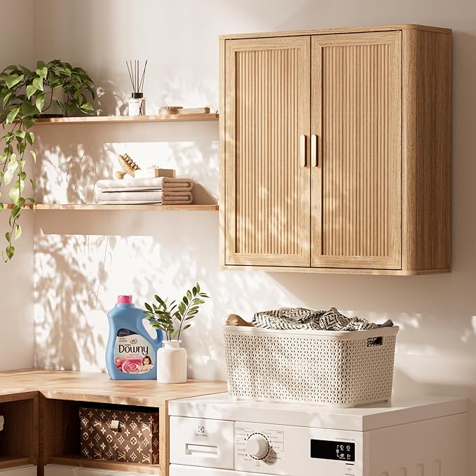 Bathroom Storage Cabinet, Over The Toilet Storage Cabinet, Medicine Cabinet with Adjustable Wood Shelf & Doors for Laundry Room & Kitchen & Living Room (Natural Oak)