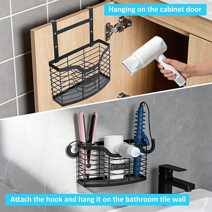 Hair Tool Organizer, Stainless Steel Hair Dryer Holder for Dresser, Bathroom Countertop & Cabinet Door, Wall Mount Storage Basket for Holding Hairdressing Curler, Blow Dryers, Shaver, Comb