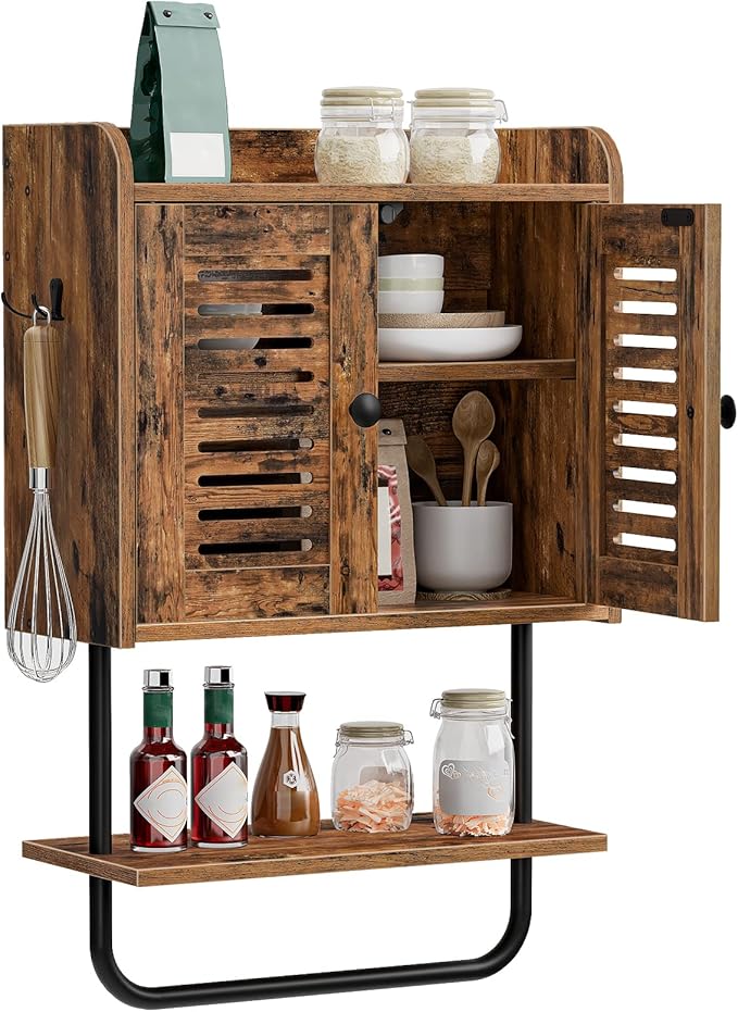HOOBRO Bathroom Wall Cabinet, Double Doors Medicine Cabinet with Towel Bar, Adjustable Shelf, 2 Hooks, Over The Toilet Storage Cabinet, for Bedroom, Kitchen, Rustic Brown BF46CW01