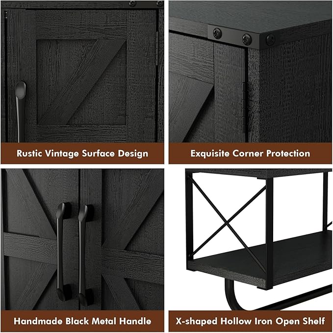 RUSTOWN Farmhouse Rustic Medicine Cabinet with Two Barn Door,Wood Wall Mounted Storage Cabinet with Adjustable Shelf and Towel Bar, 3-Tier Cabinet for Bathroom, Living Room(Black)