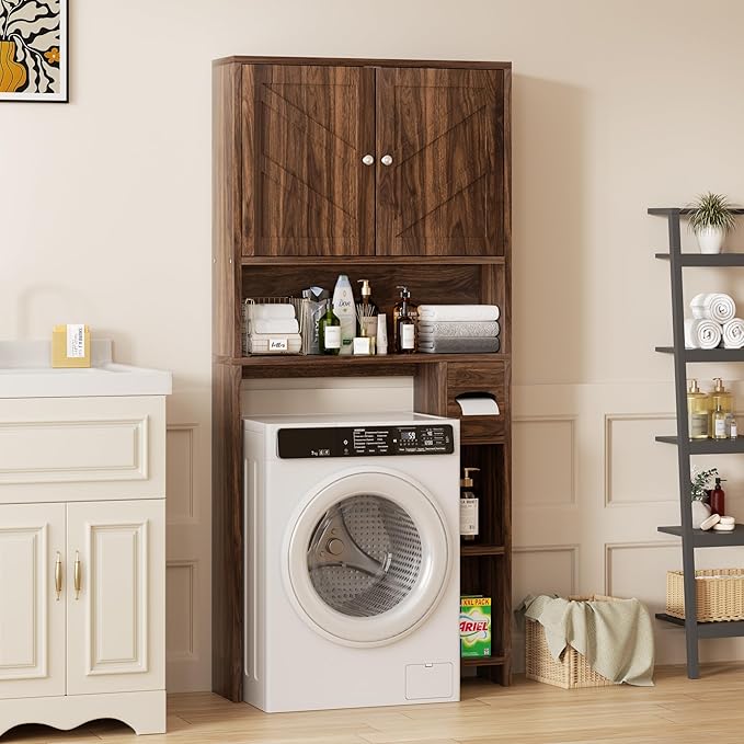 Shintenchi Over The Toilet Storage Cabinet, Bathroom Storage Cabient with Barn Doors, Bathroom Storage Shelf Organizer with Toilet Paper Holder, Adjustable Shelf and Anti-Tip Device, Walnut