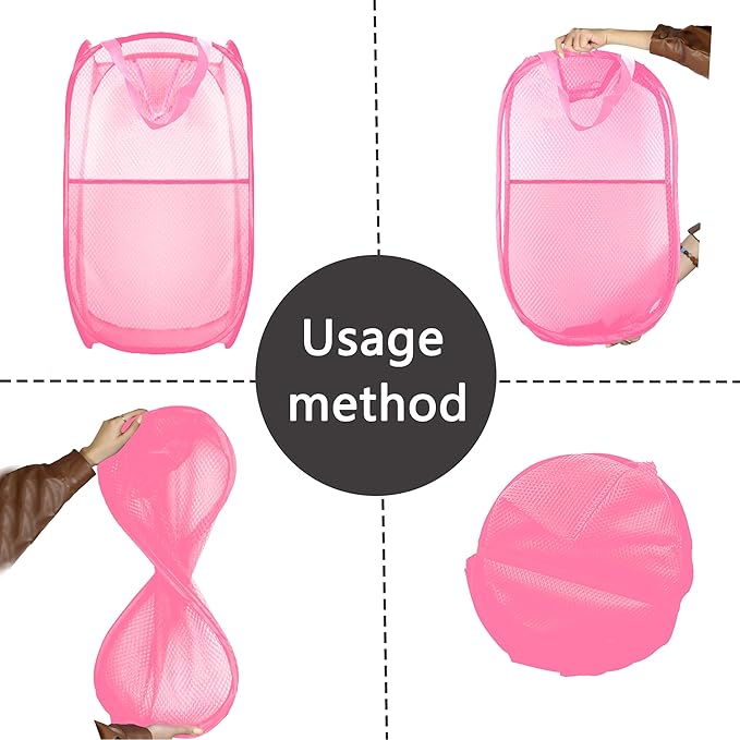Collapsible Pop Up Laundry Hamper, Extra Large Mesh Foldable Laundry Basket, 28" x 16" x 16"(Pink)