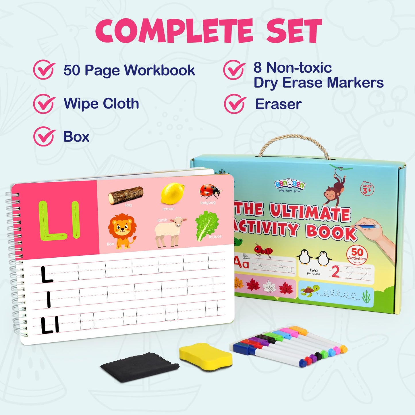BenBen Preschool Learning Activities, 50 Pages, Tracing Books for Kids Ages 3-5, Kindergarten Workbooks, Toddler Writing Practice, Pre K Busy Book Educational Toys, Autism Learning Materials