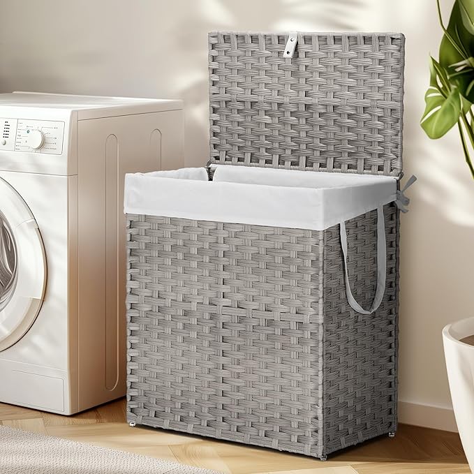 DUMOS Wicker Laundry Basket with Lid, 29.6 Gallon (112L) Woven Laundry Hamper with Handles, Foldable Rattan Clothes Hamper with Removable Liner & Sturdy Steel Frame, Dove Gray