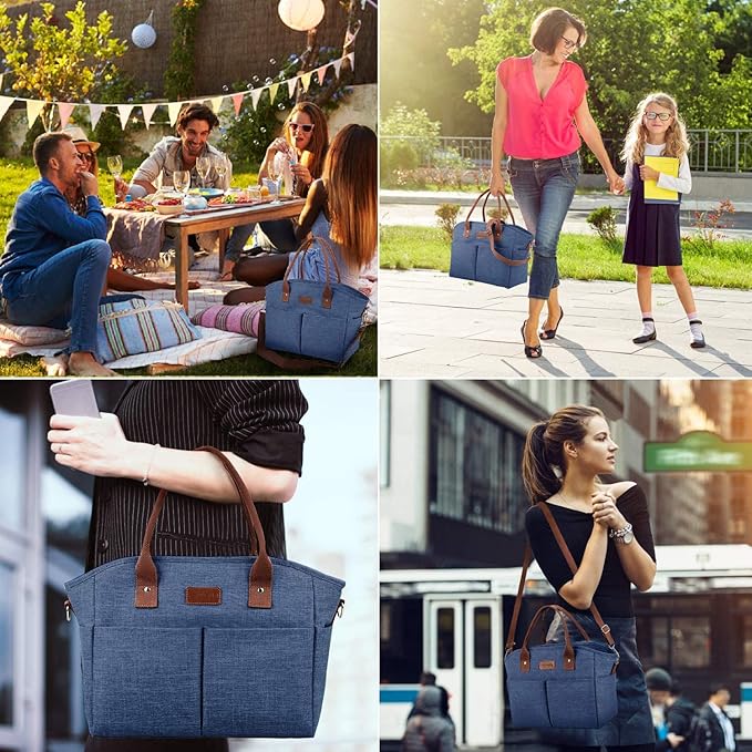 Lunch Bags for Women Insulated Thermal Lunch Tote Bag with Shoulder Strap Upgrade Large Lunch Box Container Drinks Holder for Adults Men Work Picnic Beach Park, Dark Blue