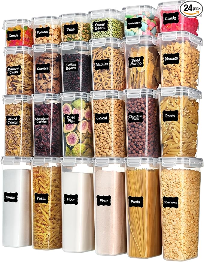 Vtopmart Airtight Food Storage Containers with Lids, 24 pcs Plastic Kitchen and Pantry Organization Canisters for Cereal, Dry Food, Flour and Sugar, BPA Free, Includes 24 Labels，Gray