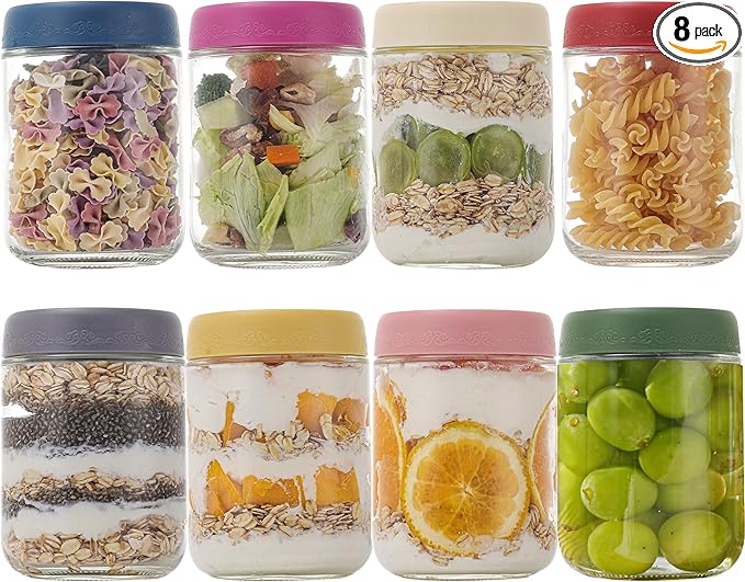 16 OZ Overnight Oats Jars with Lids 8 Pack, Glass Meal Prep Containers, Reusable Food Storage Jars, Airtight Mason Jars for Breakfast, Yogurt Parfait, Salad, Smoothies(8 Pack)