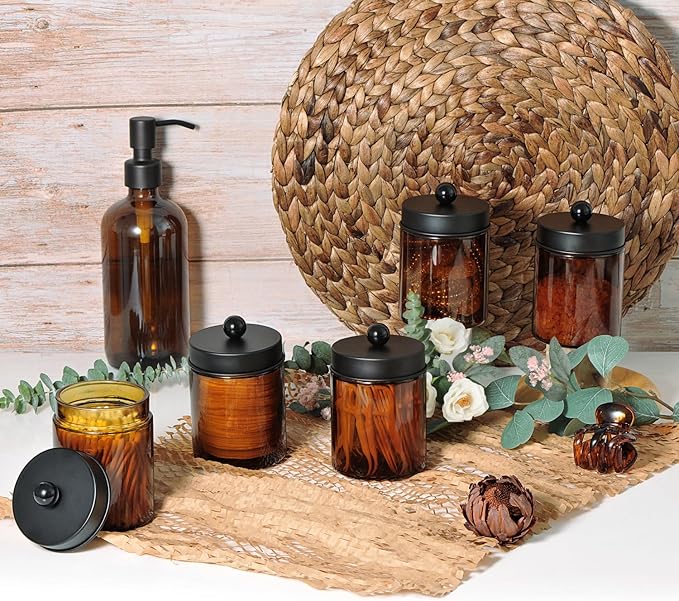 Amolliar Amber Glass Qtip Holder, Apothecary Jars with Matte Black Metal Lid & Stickers-Bathroom Qtip Dispenser Storage Organizer Set,Vanity Counter Canister for Cotton Swabs,Round Pads,Floss (2 Pack)