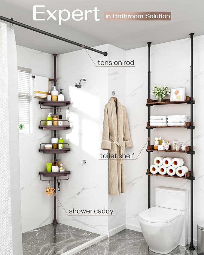 ALLZONE Rustproof Shower Caddy Corner for Bathroom, Bathtub Storage Organizer for Shampoo Accessories, 4-Tier Adjustable Shelves with Tension Pole, Fit Height 34 to 116 Inch, Brown