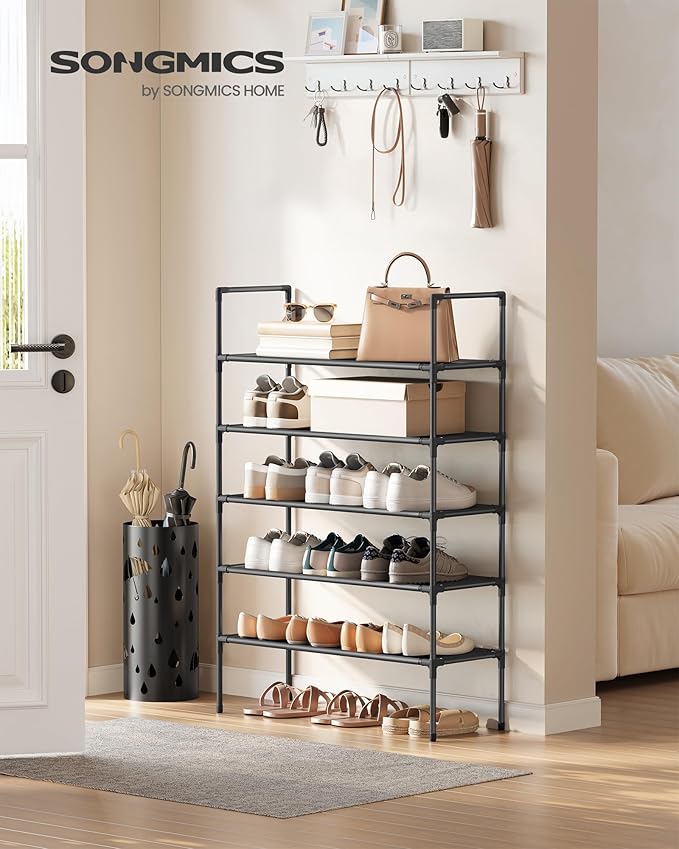SONGMICS 5-Tier Shoe Rack, Shoe Storage for Hallway Closet, Slim and Space-Saving, Metal Frame, Non-Woven Fabric Shelves, Black ULSH045BH02