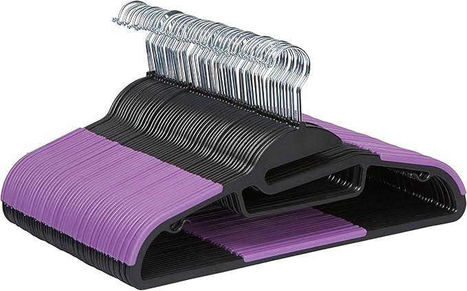 Amazon Basics Space Saving Non-Slip Rubber Coated Plastic Hangers with 360 Degree Swivel Hook, Black/Purple, Pack of 50