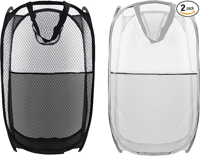 Collapsible Pop Up Laundry Hamper, Extra Large Mesh Foldable Laundry Basket, 28" x 16" x 16", 2 Pack (Black + Grey)