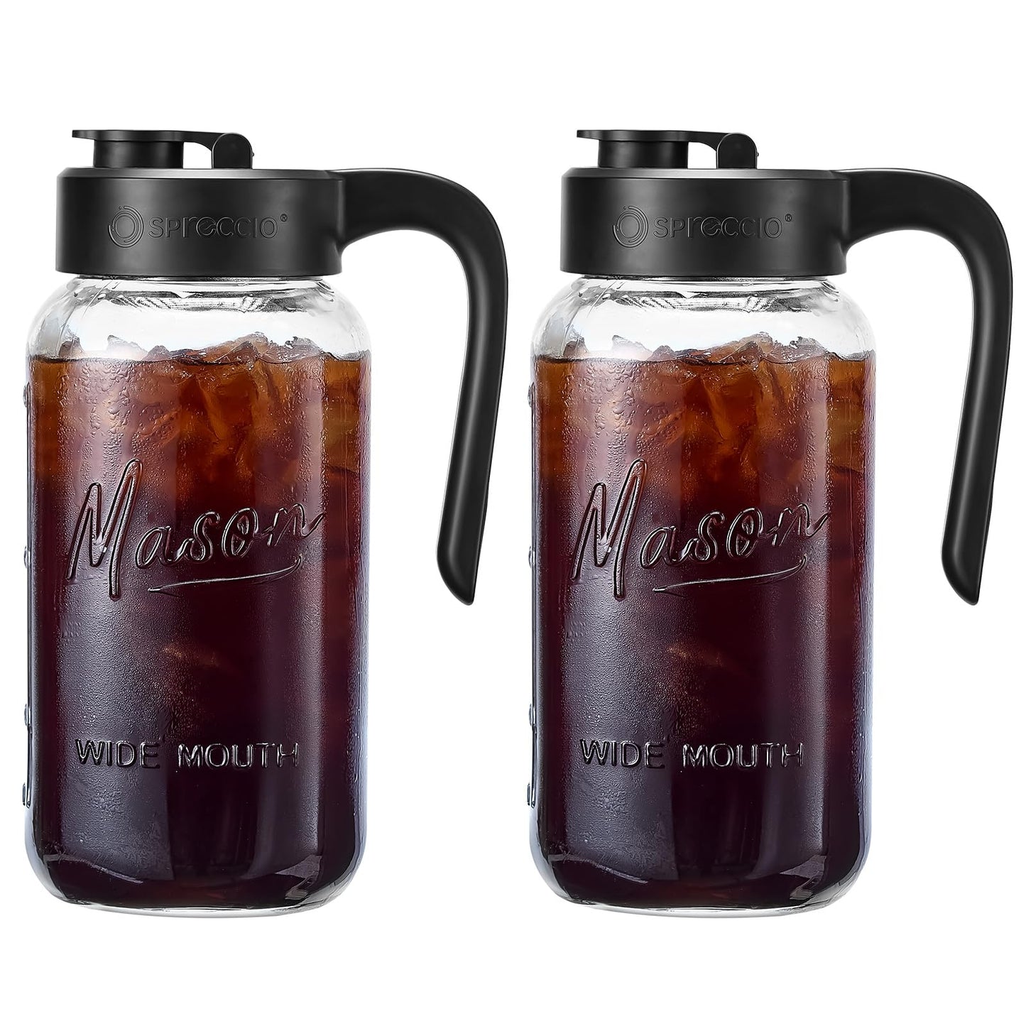 Spreccio Mason Jar Pitcher, 2 pcs 64 oz (2 quart), Glass Pitcher with Lid