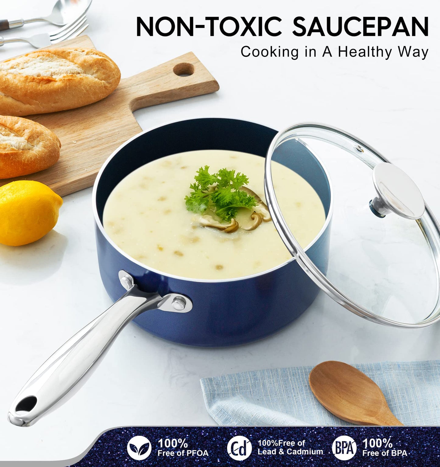 MICHELANGELO Sauce Pan with Lid, Ceramic Saucepan Set, 1.5Qt & 2Qt & 3Qt Sauce Pan Sets, Nonstick Saucepans with Lids, Small Pots with Stainless Steel Handle, Oven Safe, Blue