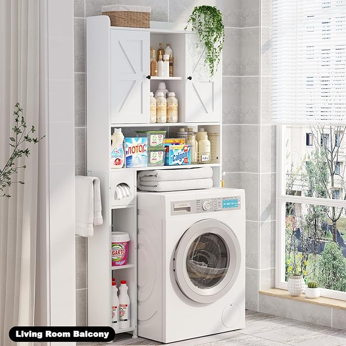 EasyCom Over The Toilet Storage Cabinet with Metal Frame and 7 Storage Shelves, Bathroom Organizer with Adjustable Shelves and Paper Holder, Farmhouse Storage Cabinet for Bathroom, Laundry, White