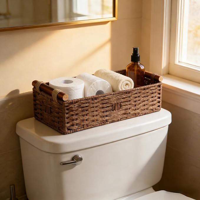 Toilet Tank Basket, Brown Wicker Toilet Paper Storage Basket (Holds 2 Rolls), Handwoven Paper Rope Bathroom Basket Organizer with Wooden Handles, Basket for Top of Toilet, Over Toilet Shelf & Counter