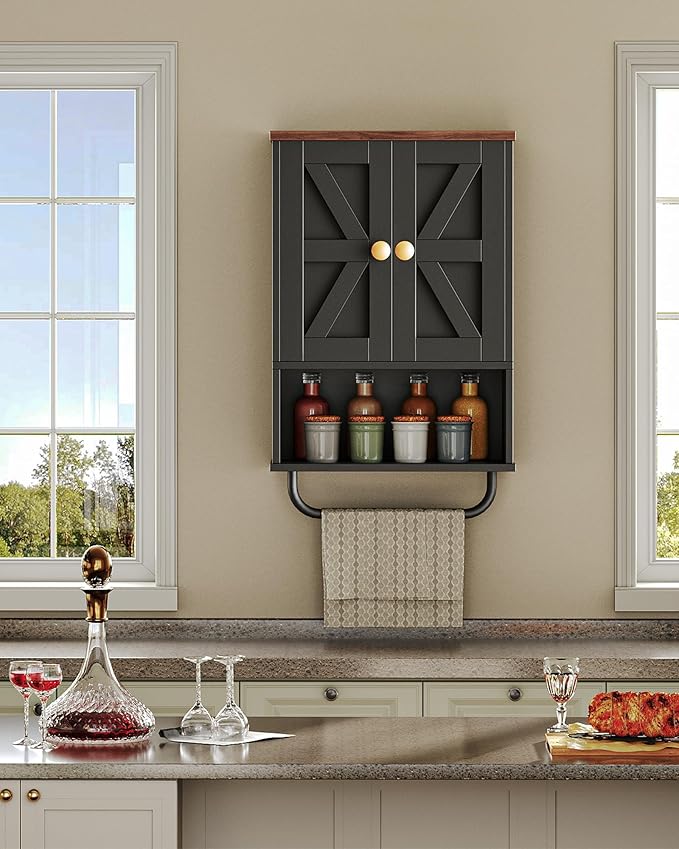 Bathroom Wall Cabinet, Medicine Cabinet with Open Partition and Towel Bar, Rustic Storage Cabinet with Open and Hidden Storage Space, for Bathroom, Living Room, Kitchen, Black and Walnut