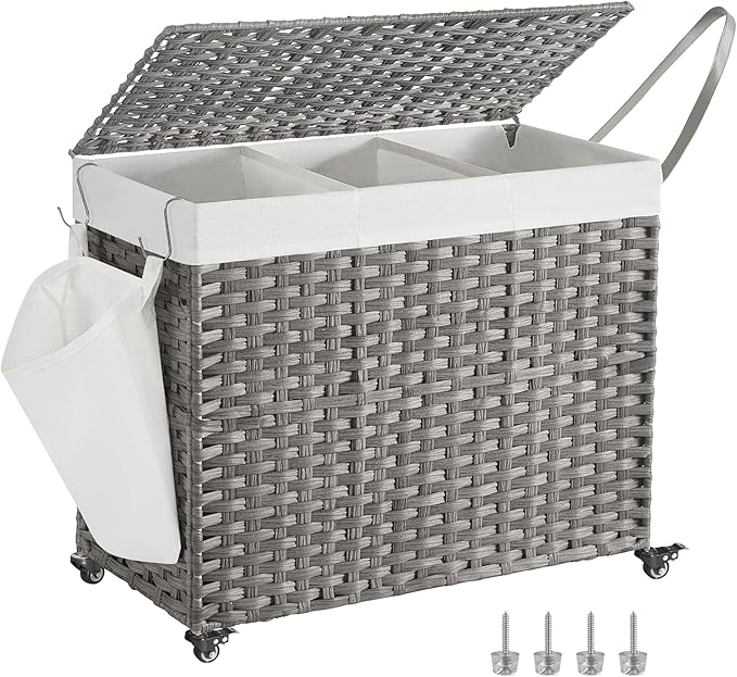 SONGMICS Laundry Hamper with Lid, 42.3 Gallons (160 L), Rolling Laundry Basket with Wheels, 3-Section Synthetic Rattan, Removable Liner, Bedroom, 29.9 x 13 x 26 Inches, Gray ULCB365G01