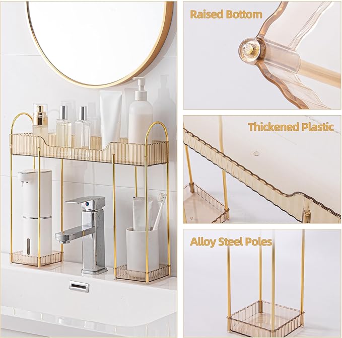 YCIA&DONE Bathroom Countertop Organizer Over The Faucet, Narrow Counter Organizers Above Sink, Table Mounted Faucet Sink Shelf for Kitchen, Toilet, Laundry(Amber Gold)