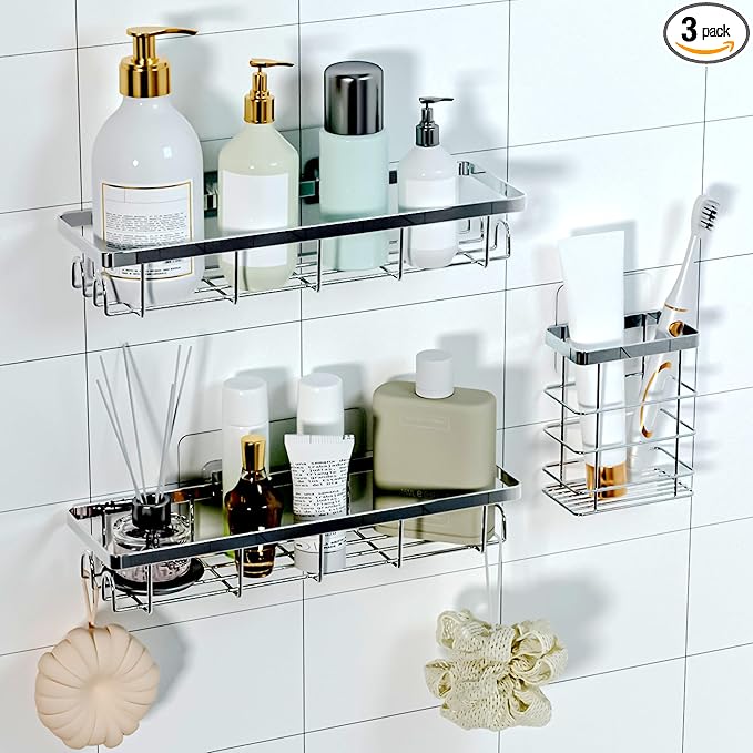 Shower Caddy Organizer with Hooks,Self Adhesive Bathroom Shelves,Shower Shelves,No Drilling Bathroom Organizers and Storage,Perfect for RV, Apartment, Home Decor,Silvery 3PK