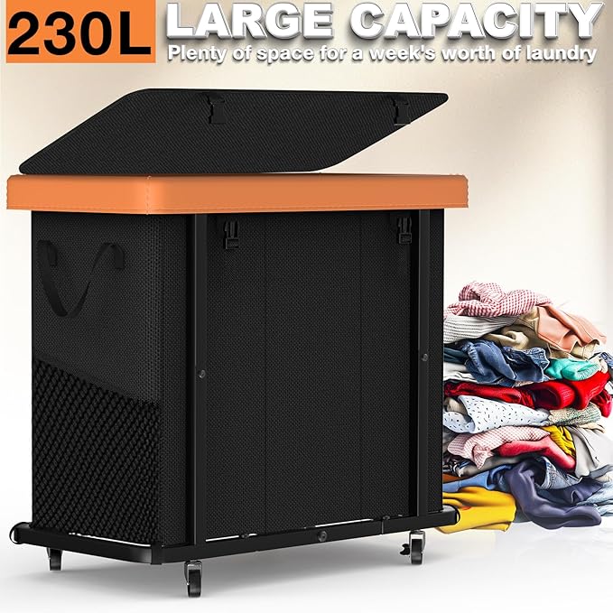 230L (60 Gal) Large Fashion Laundry Basket with Wheels, Leather Patchwork Laundry Sorter 3 Section, Sturdy Metal Frame, Removable Washable Bag, Tall Clothes Sorter for Bedroom - Black