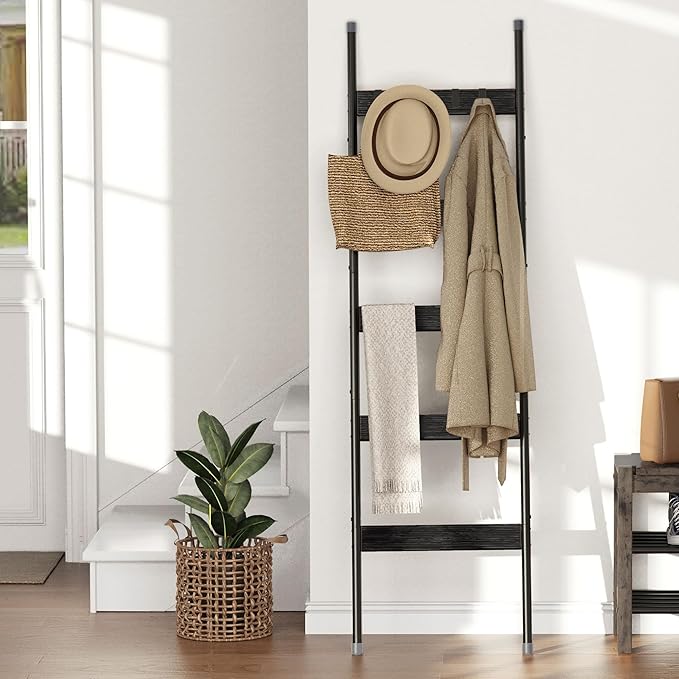 Blanket Ladder, 5-Tier Towel Holder with 4 Removable Hooks, Farmhouse Wall Leaning Decorative Rack Shelf, Wooden Towel Display Rack, Quilt Ladder for Living Room, Bedroom, Black