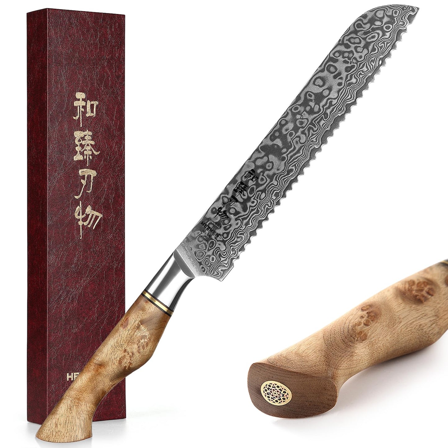 HEZHEN 8.3-Inch Bread Knife – 67 Layers Damascus Steel, Professional Serrated Slicer for Sourdough & Artisan Bread, Figured Sycamore Handle
