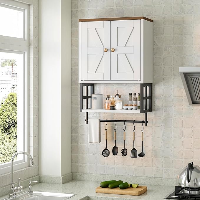 Farmhouse Medicine Cabinet - 3-Tier Wall Mounted Storage Organizer with Adjustable Shelves, Towel Bar, 5 Hooksfor Small Bathroom, Laundry Room, Over Toilet, Living Room, Bedroom (White)