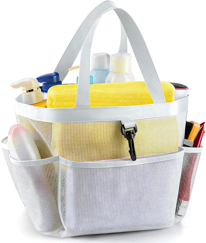 Mesh Shower Caddy Portable for College Dorm Room Essentials with 8 Pockets, Shower Bag for Beach, Swimming, Gym, Travel, Bathroom(All white)