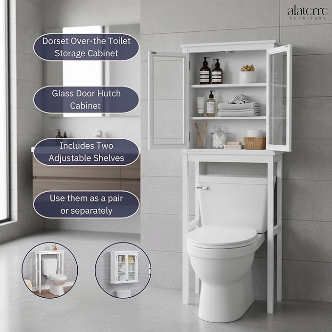 Alaterre Furniture Dorset Over-The-Toilet Storage Cabinet with Tempered Glass Doors – White Wood Bathroom Space Saver Organizer with Adjustable Shelves, Hutch & Wall Mount Hardware