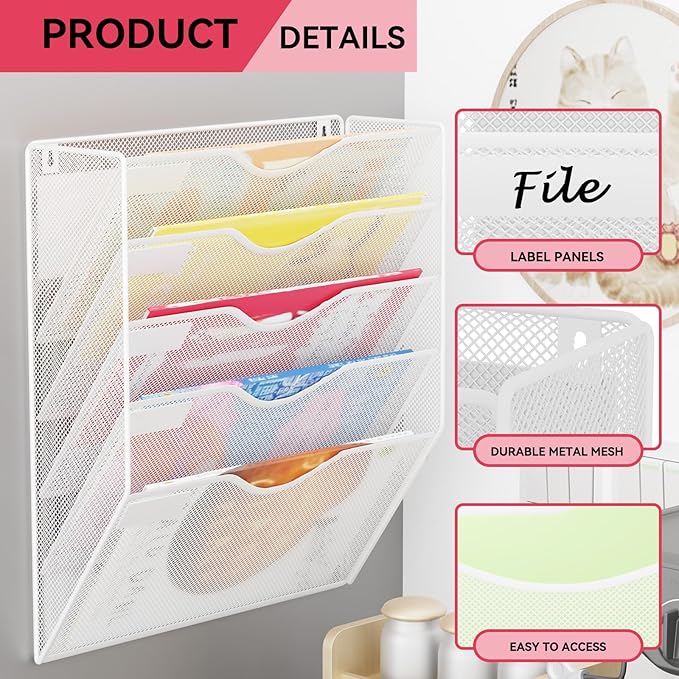 5-Tier Magnetic File Holder, No Drilling Wall File Organizer, File Folder Bins, Mail & Magazine Rack, Magnetic Paper Document Holder for Refrigerator File Cabinets Whiteboard, White