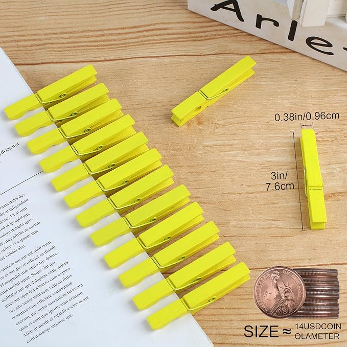 Phinus 72 Pcs Wooden Clothes Pins, 2.9 Inch Clothes Pins for Hanging Clothes, Pictures, Photos, Classroom, Crafts, Decoration, Clothespins Heavy Duty (Yellow)