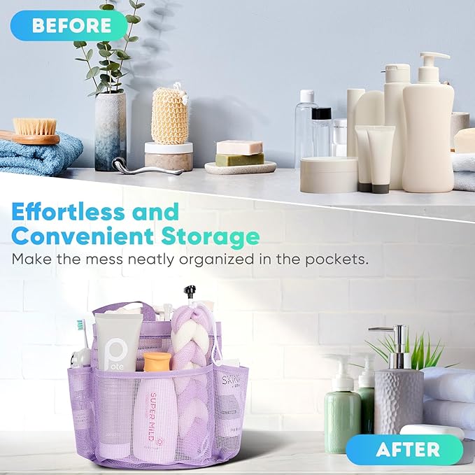 EUDELE Mesh Shower Caddy Portable for College Dorm Room Essentials,Portable Shower Caddy Dorm with 8-Pocket Large Capacity, Shower Bag for Beach, Swimming, Gym-Purple
