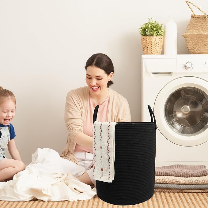 Woven Cotton Rope Laundry basket-15”X20” Laundry Hamper-Rope Storage Basket for Dirty Clothes, Toys and Blankets Perfect for Bathroom, Baby nursery and Living Room Storage (black)