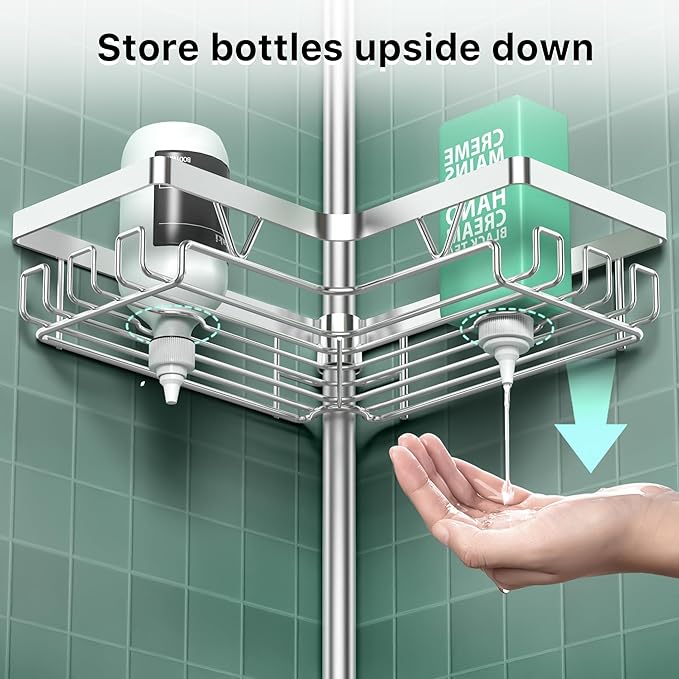 Shower Caddy Tension Pole - Corner Shower Shelves with Soap Holder Bathroom Shower Organizer for Tub (Stainless Steel, Silver, Floor to Ceiling 25-114.2 inch)