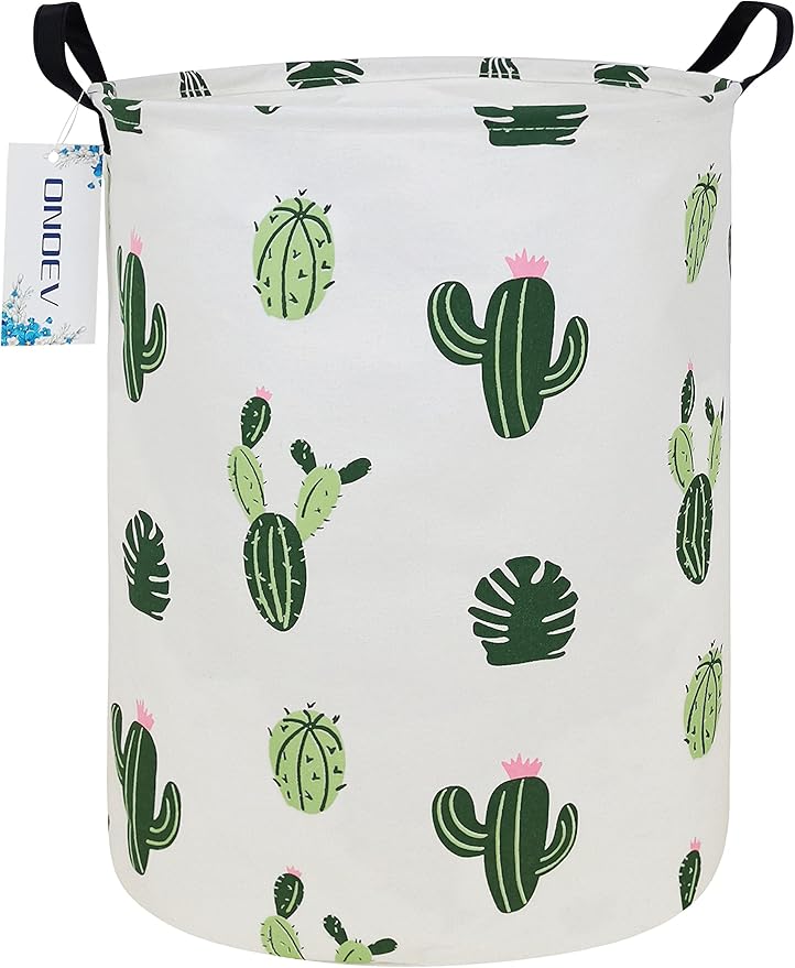 Round Fabric Storage Bin,Decorative Basket,Organizer Basket with Handles,for Clothes Storage,books and sundries (Green Cactus), 19.7inch(H) x 15.7inch(D)